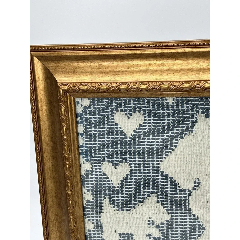 Vtg. Framed Doily Scottie Dog Scottish Terrier Puppy Hearts Wall Hanging Cottage